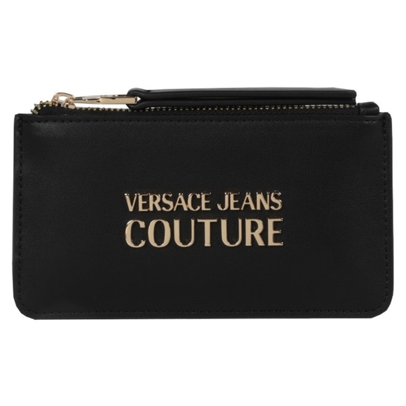 AUTHENTIC Versace Jeans Couture Logo Zip Card Holder - Black Leather - Picture 1 of 2